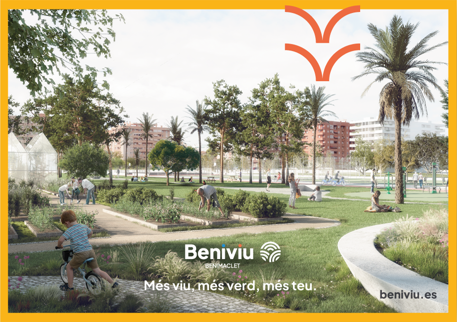 Cartel del espacio Beniviu de Benimaclet, con el render de cómo será el parque